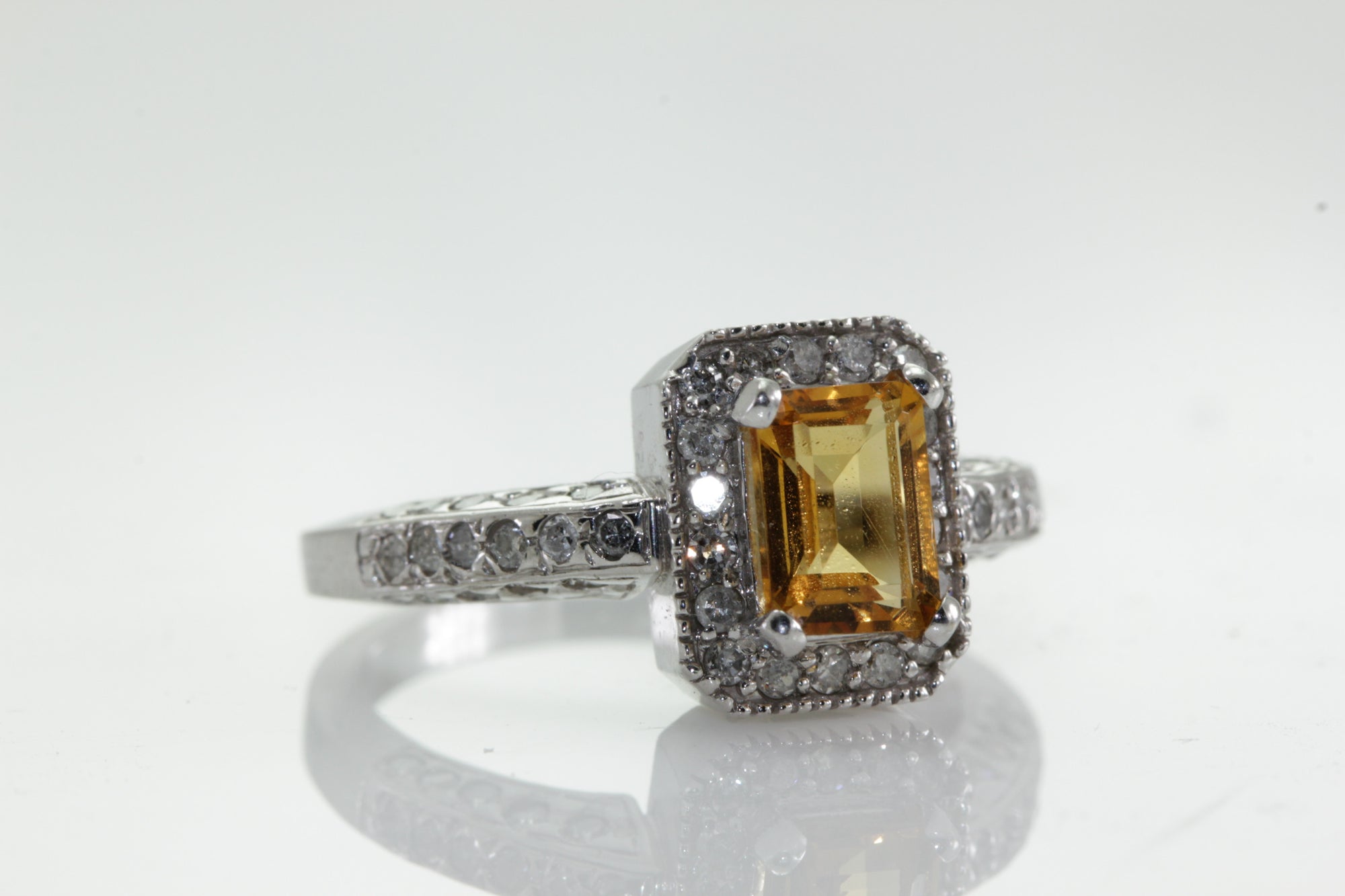 HALO EMERALD CUT CITRINE & DIAMOND RING 10k WHITE GOLD LADIES