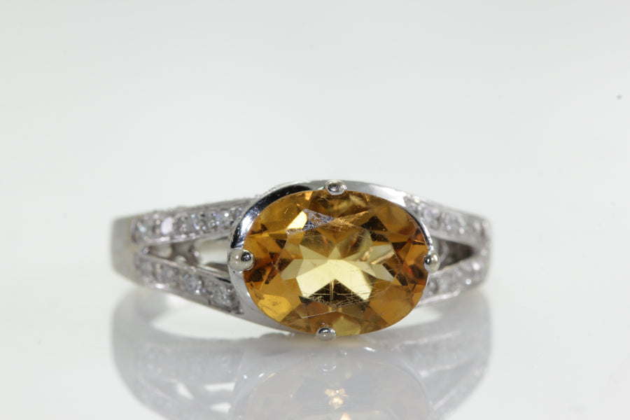 SPLIT SHANK  CITRINE & DIAMOND RING 14k WHITE GOLD LADIES