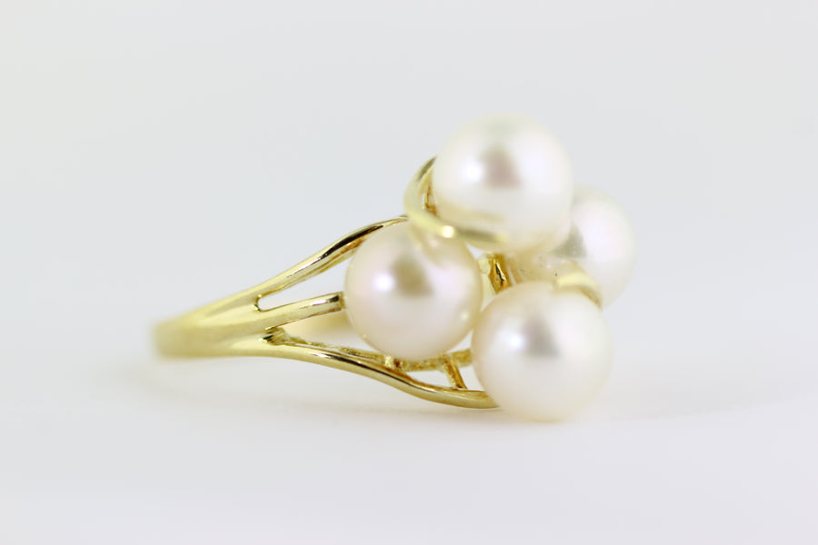 14K YELLOW  GOLD CULTURED PEARL & DIAMOND HALO LADIES RING