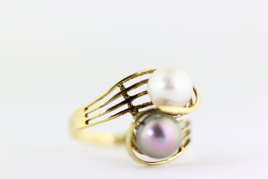 14K YELLOW GOLD CULTURED PEARL & DIAMOND LADIES RING