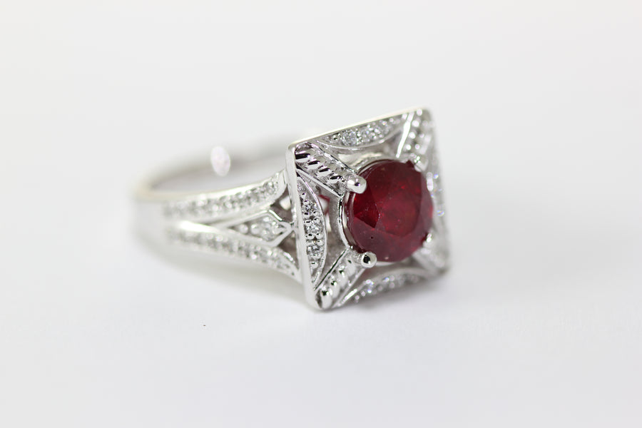 14K WHITE GOLD LADIES HELO RUBY & DIAMOND RING