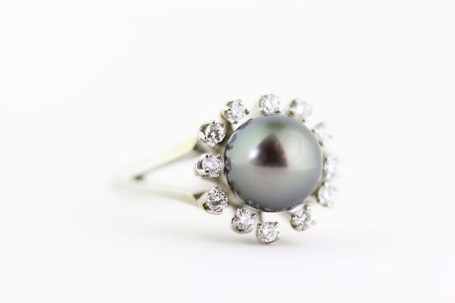 14K WHITE GOLD TAHITIAN PEARL & DIAMOND HALO LADIES  RING