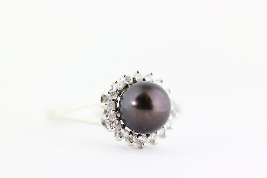 14K WHITE GOLD TAHITIAN PEARL & DIAMOND HALO LADIES RING