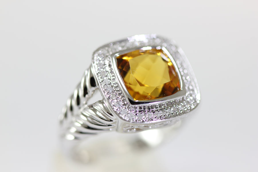ABC 14K WHITE GOLD LADIES CITRINE & DIAMOND HALO RING