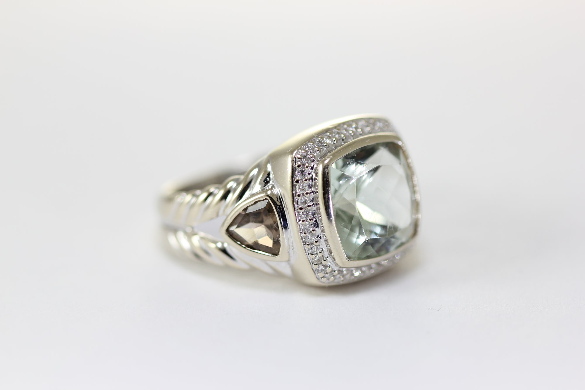 14K WHITE GOLD LADIES PRASIOLITE SMOKY TOPAZ & DIAMOND RING