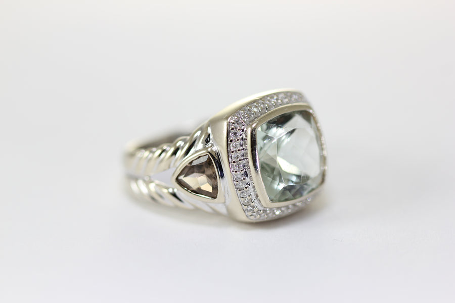 14K WHITE GOLD LADIES PRASIOLITE SMOKY TOPAZ & DIAMOND RING