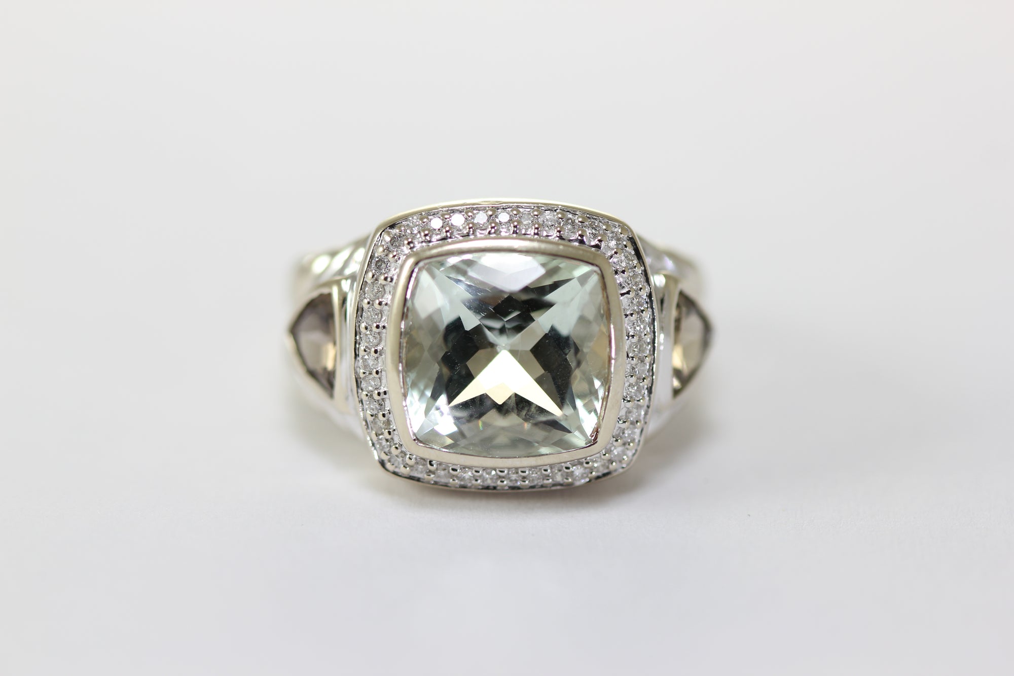 14K WHITE GOLD LADIES PRASIOLITE SMOKY TOPAZ & DIAMOND RING