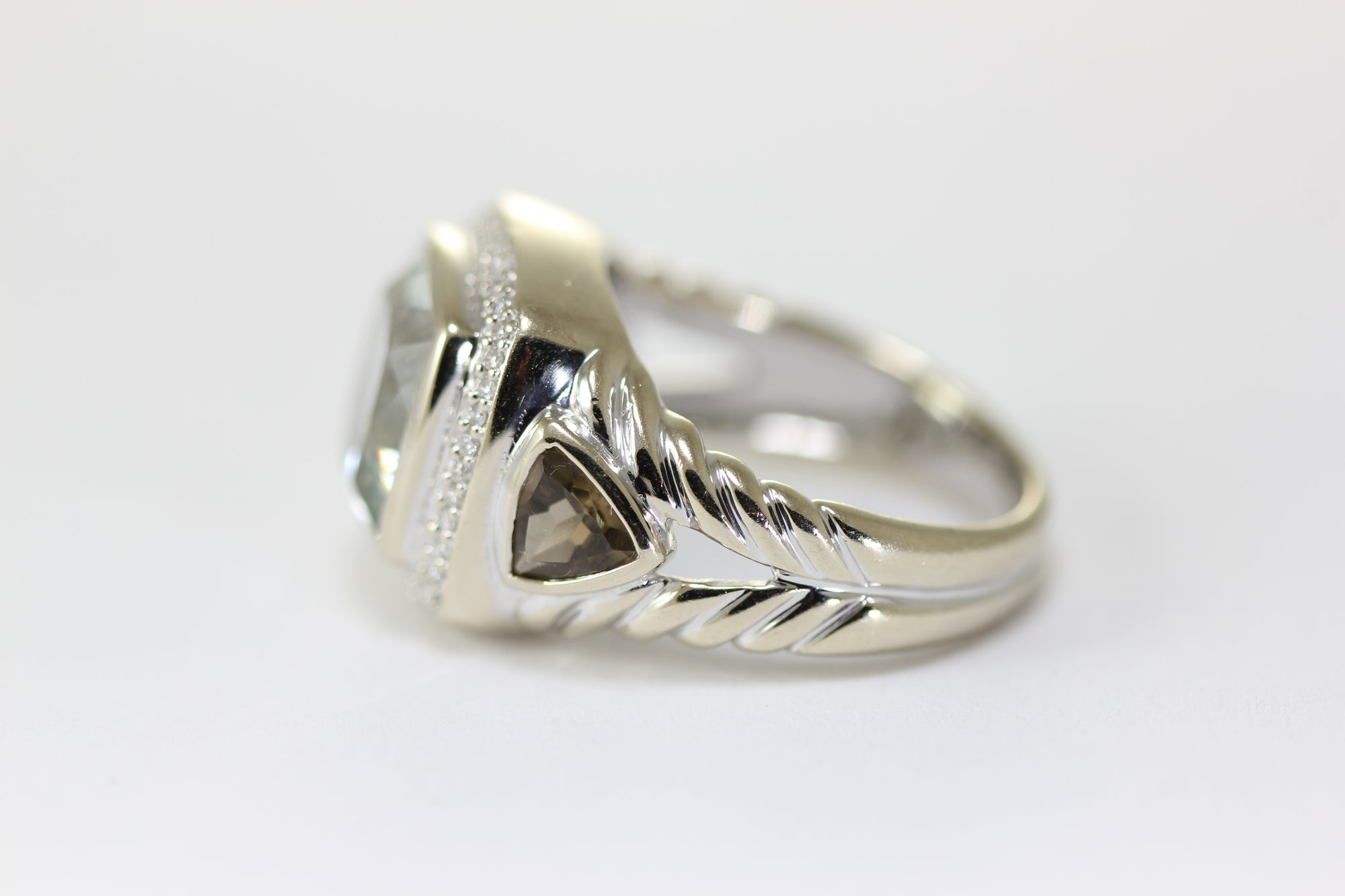14K WHITE GOLD LADIES PRASIOLITE SMOKY TOPAZ & DIAMOND RING