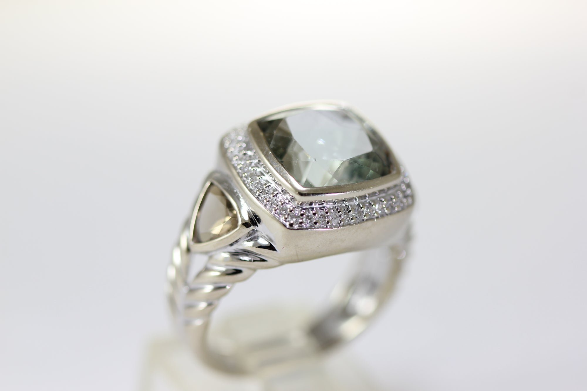 14K WHITE GOLD LADIES PRASIOLITE SMOKY TOPAZ & DIAMOND RING