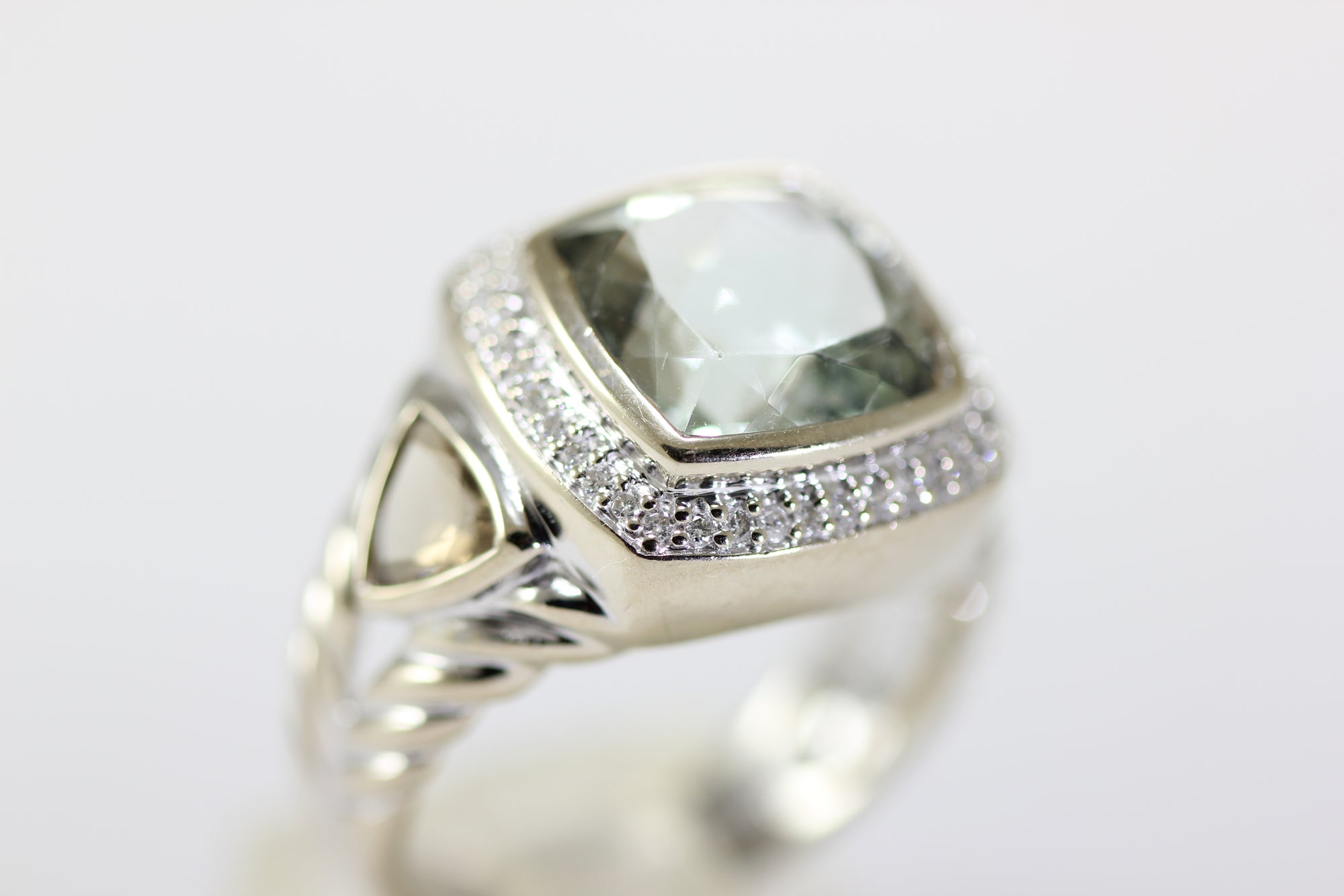 14K WHITE GOLD LADIES PRASIOLITE SMOKY TOPAZ & DIAMOND RING