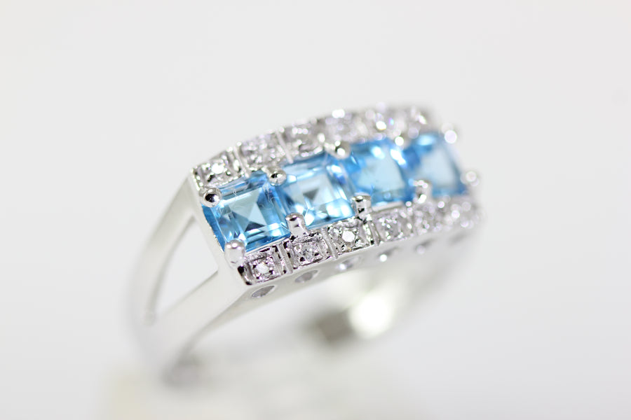 aaa NATURAL PRINCESS CUT BLUE TOPAZ & DIAMOND RING 14K WHITE GOLD