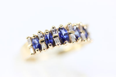 aaa NATURAL MARQUISE SHAPED SAPPHIRE and BAGUETTES DIAMOND RING 14K YELLOW GOLD