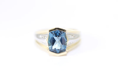 14K WHITE & YELLOW GOLD DIAMOND &  NATURAL LONDON BLUE TOPAZ WOMENS RING