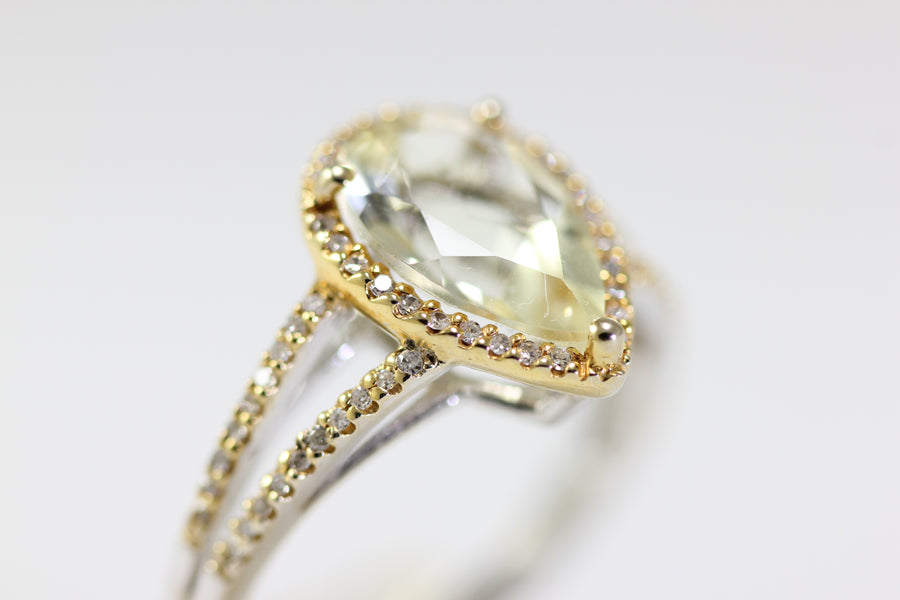 ABC 14K WHITE  & YELLOW GOLD LADIES HELO LIME AURA QUARTZ & DIAMOND RING