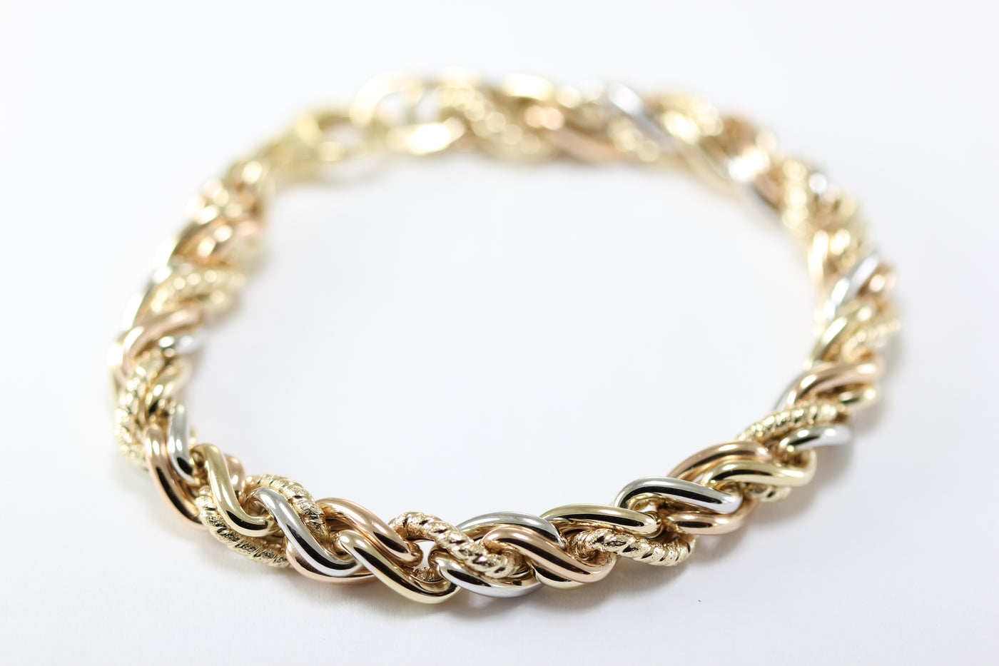 ABC MODERN 14K TRI COLOR GOLD LADIES SHINY DIAMOND CUT TWIST BRACELET