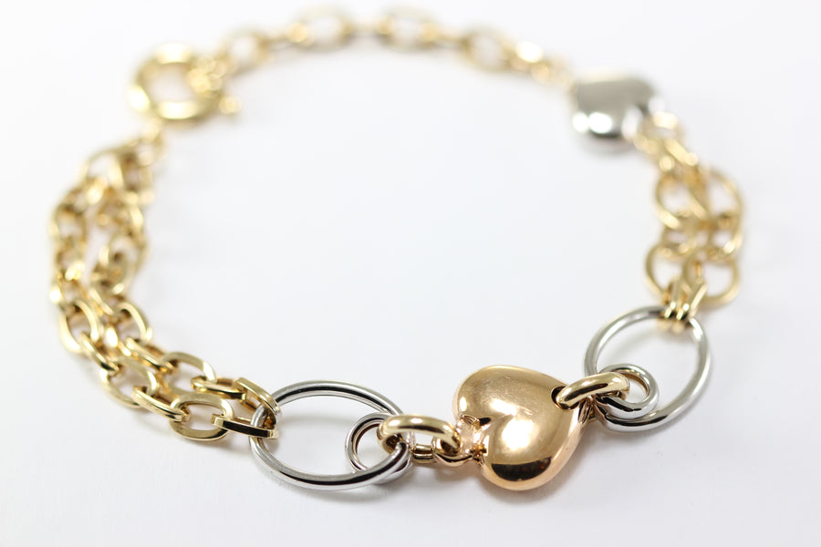 14K TRI COLOR GOLD HEART BRACELET