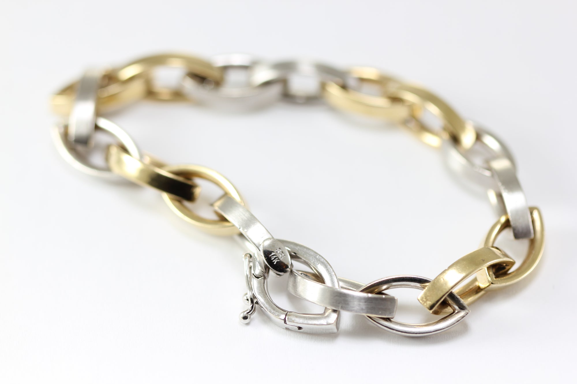 14K TWO TONE  GOLD BRUSHED LINK BRACELET