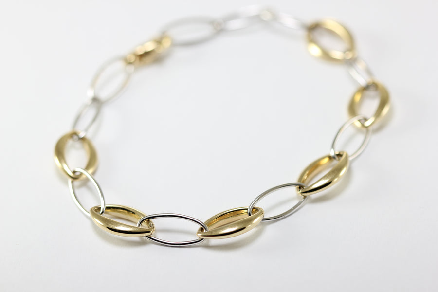 14K TWO TONE GOLD LINK BRACELET CHARM BRACELET OPEN LINK WHITE AND YELLOW 14KARAT
