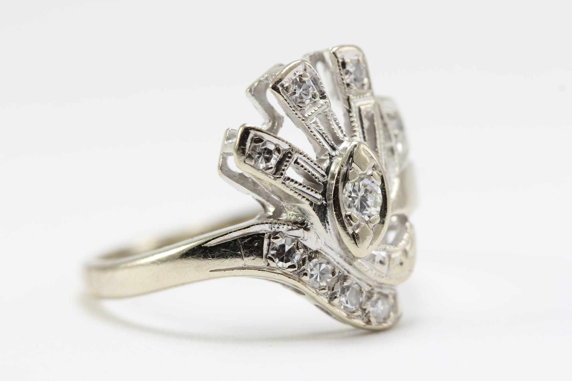 ANTIQUE 14k WHITE GOLD ART DECO MODERN DIAMOND RING EUROPEAN CUT