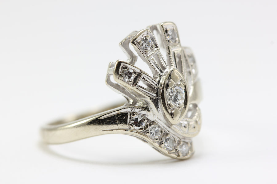 ANTIQUE 14k WHITE GOLD ART DECO MODERN DIAMOND RING EUROPEAN CUT