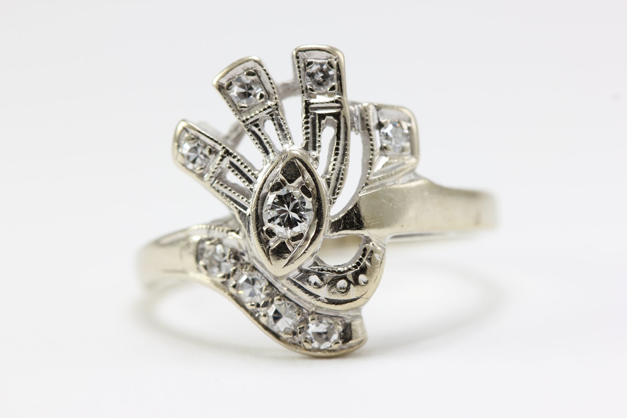 ANTIQUE 14k WHITE GOLD ART DECO MODERN DIAMOND RING EUROPEAN CUT