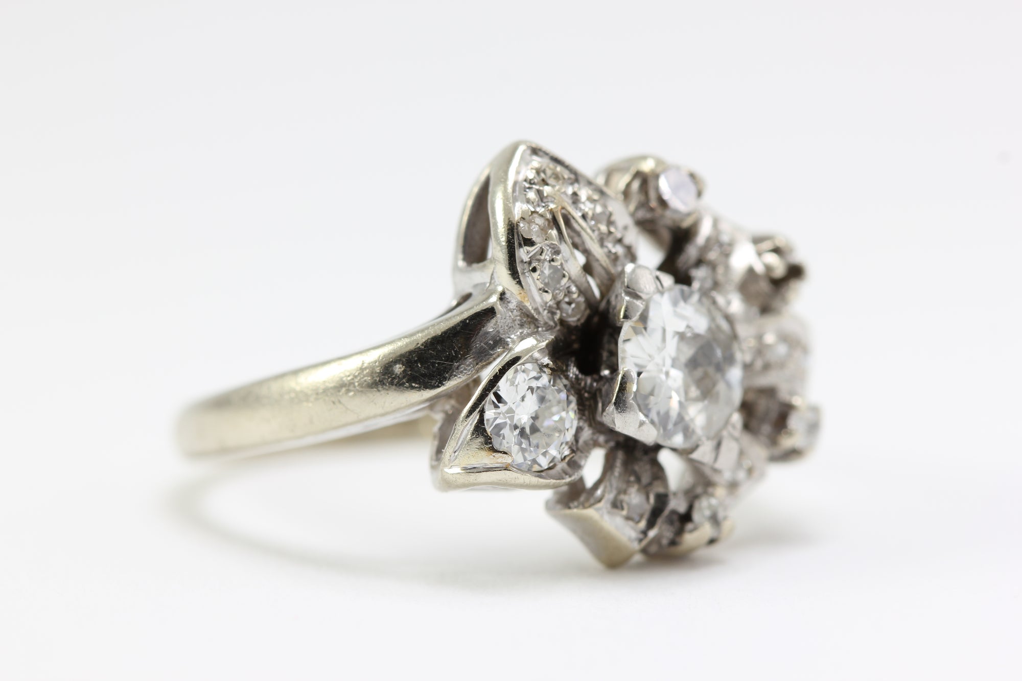 ANTIQUE 14k WHITE GOLD ART DECO FILIGREE DIAMOND RING EUROPEAN CUT