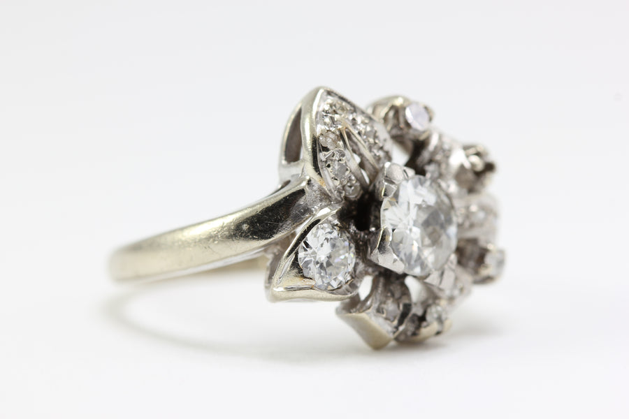 ANTIQUE 14k WHITE GOLD ART DECO FILIGREE DIAMOND RING EUROPEAN CUT