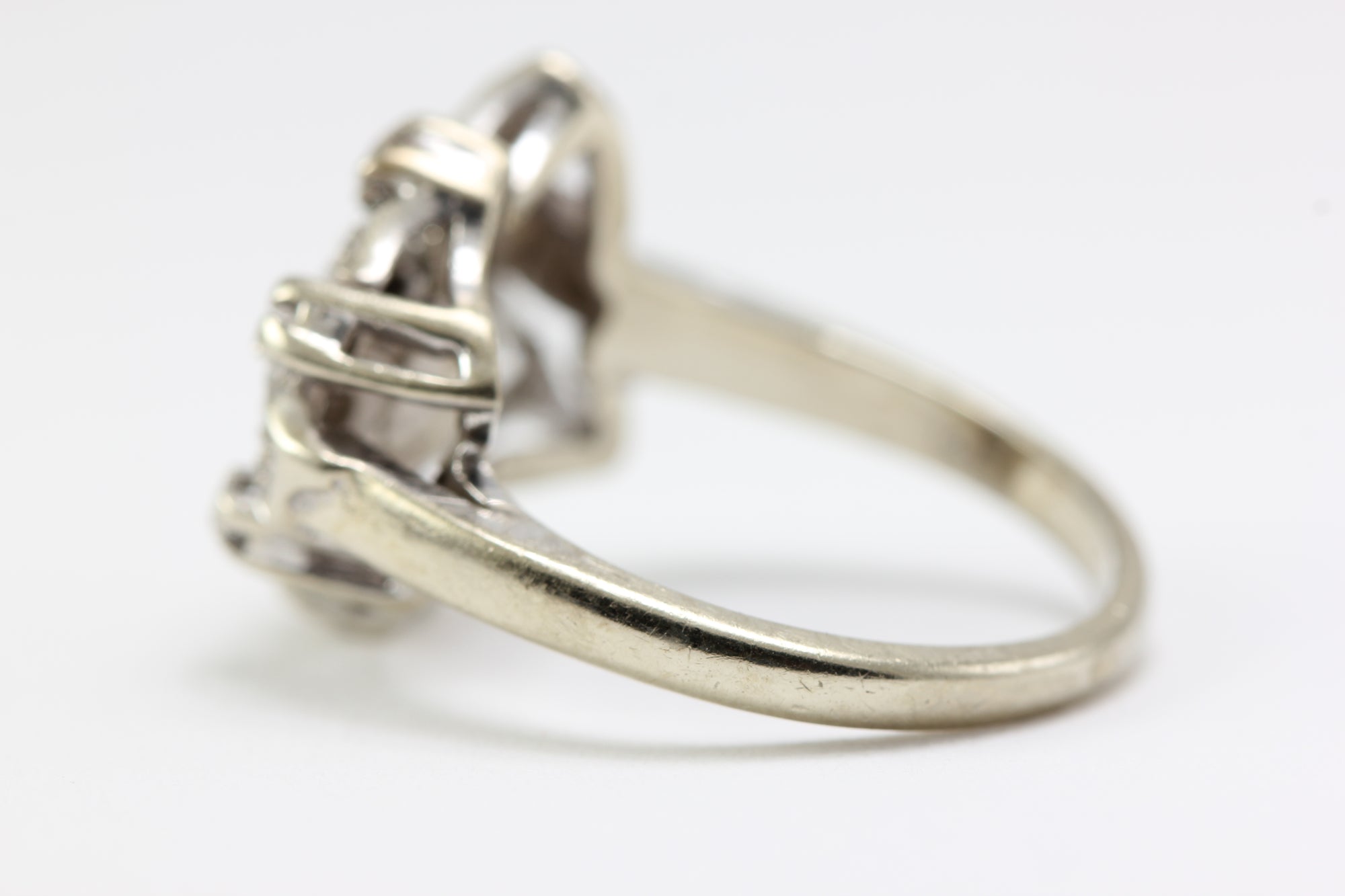 ANTIQUE 14k WHITE GOLD ART DECO FILIGREE DIAMOND RING EUROPEAN CUT