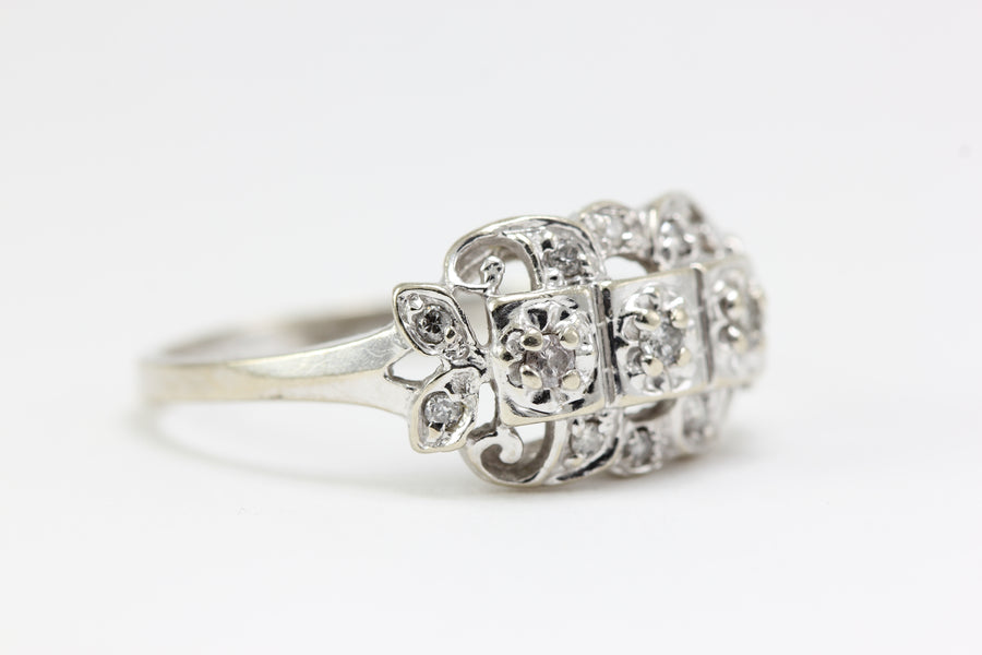 ANTIQUE 14k WHITE GOLD ART DECO FILIGREE DIAMOND RING EUROPEAN CUT
