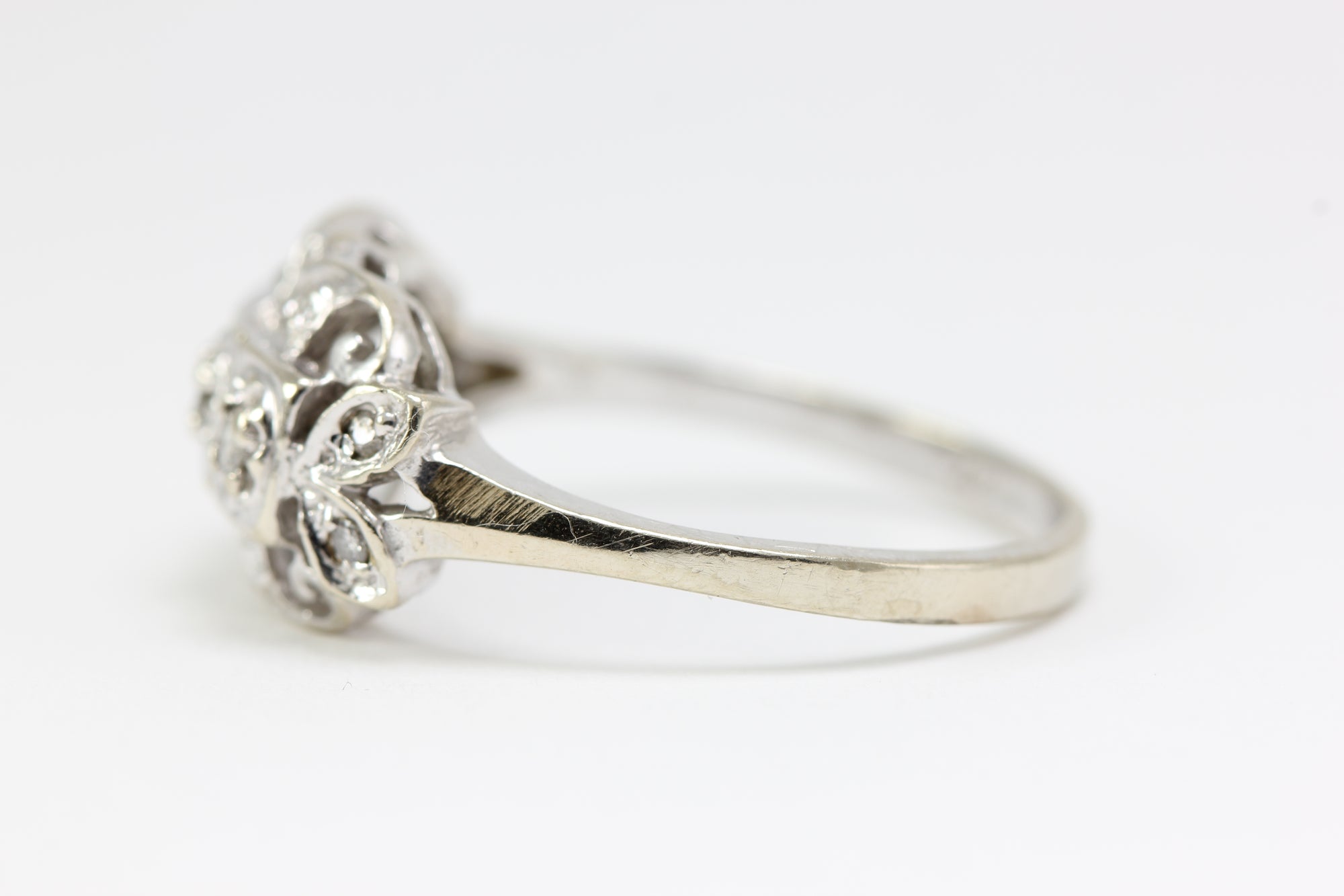 ANTIQUE 14k WHITE GOLD ART DECO FILIGREE DIAMOND RING EUROPEAN CUT