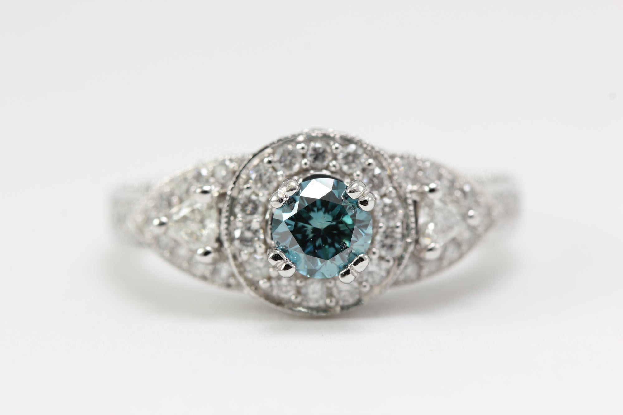 BLUE DIAMOND ENGAGEMENT RING 14K WHITE GOLD ROUND SHAPED 1.37 CTW