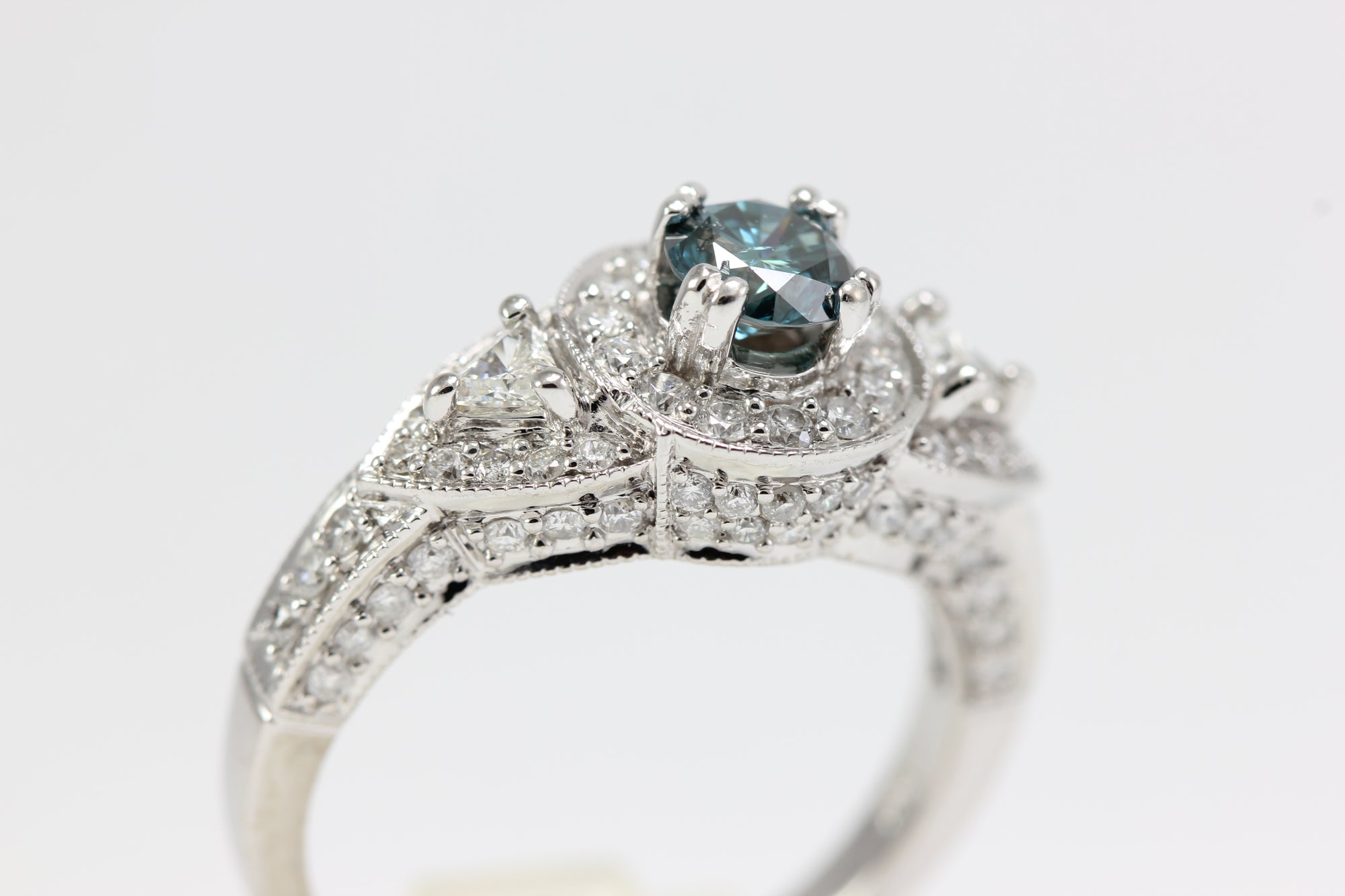 BLUE DIAMOND ENGAGEMENT RING 14K WHITE GOLD ROUND SHAPED 1.37 CTW