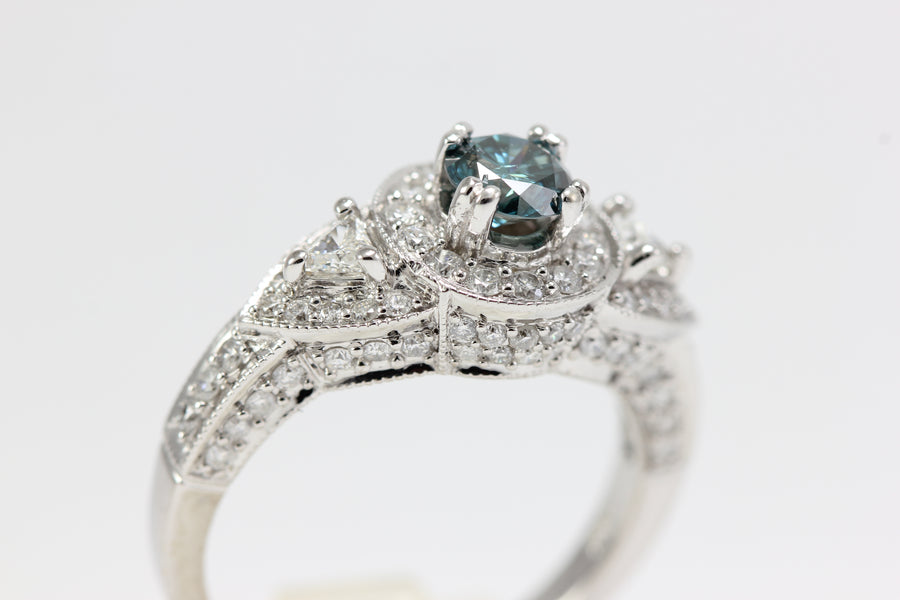 BLUE DIAMOND ENGAGEMENT RING 14K WHITE GOLD ROUND SHAPED 1.37 CTW