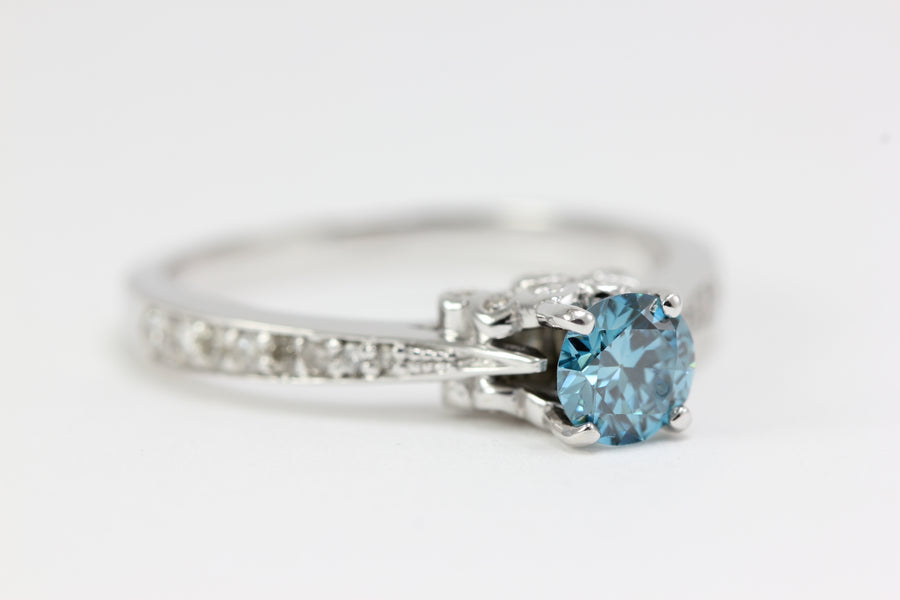 BLUE DIAMOND ENGAGEMENT RING 14K WHITE GOLD ROUND SHAPED 0.80 CTW