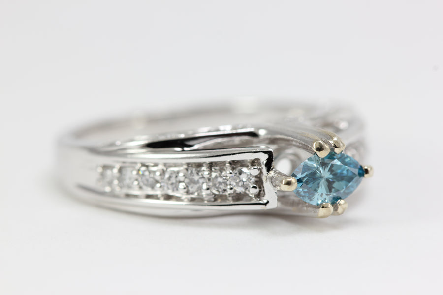BLUE DIAMOND ENGAGEMENT RING 14K WHITE GOLD MARQUISE SHAPED 0.79 CTW