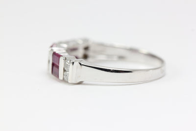 14K WHITE GOLD DIAMOND & NATURAL RUBY STRAIGHT BAGUETTES RING