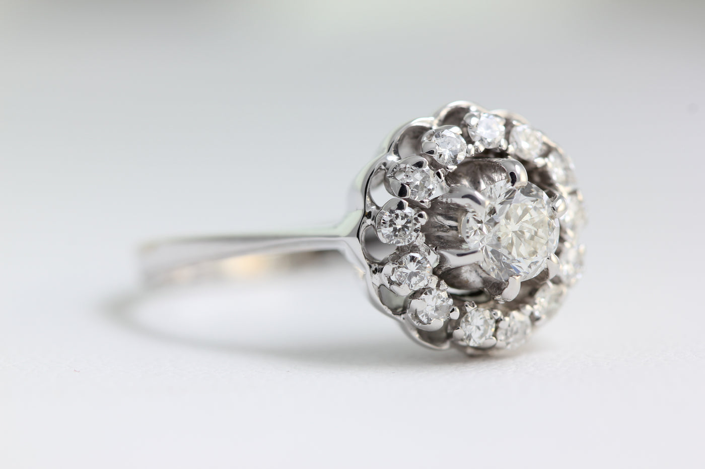 ANTIQUE FANCY LADIES DIAMOND HALO COCKTAIL RING 14k WHITE GOLD