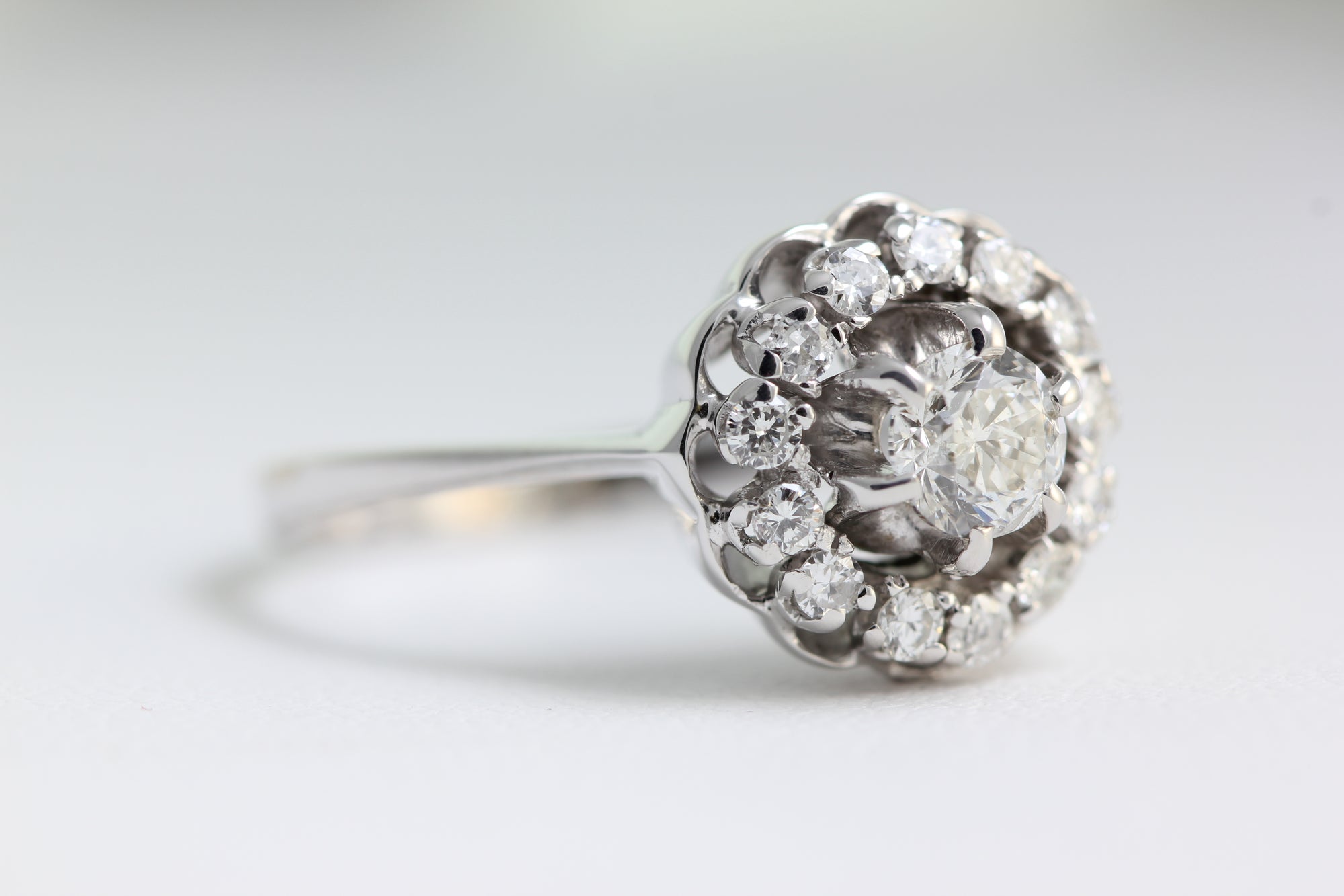 ANTIQUE DIAMOND COCKTAIL RING SET IN 14k WHITE GOLD ART DECO HALO ENGAGEMENT RING EUROPEAN CUT DIAMOND