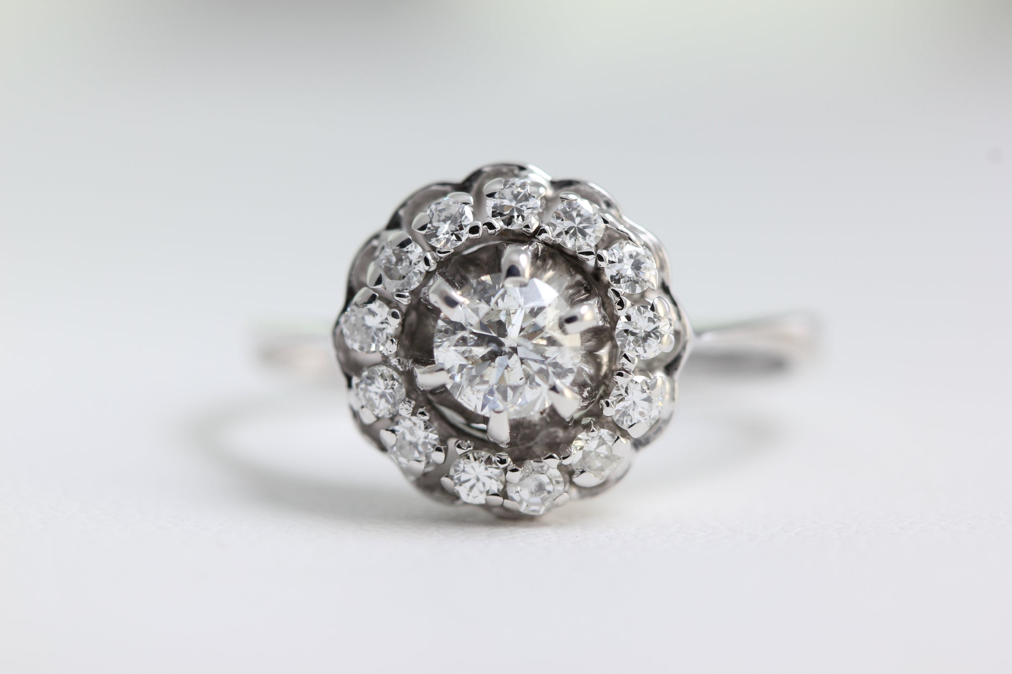 ANTIQUE DIAMOND COCKTAIL RING SET IN 14k WHITE GOLD ART DECO HALO ENGAGEMENT RING EUROPEAN CUT DIAMOND