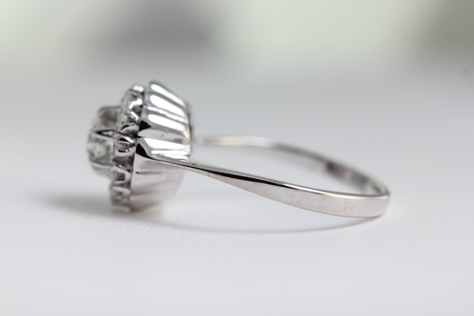 ANTIQUE DIAMOND COCKTAIL RING SET IN 14k WHITE GOLD ART DECO HALO ENGAGEMENT RING EUROPEAN CUT DIAMOND