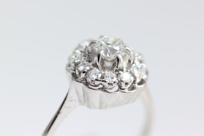 ANTIQUE DIAMOND COCKTAIL RING SET IN 14k WHITE GOLD ART DECO HALO ENGAGEMENT RING EUROPEAN CUT DIAMOND