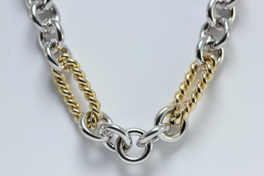 WHITE & YELLOW GOLD 14K FINE FANCY OPEN LINK NECKLACE CHAIN LADIES