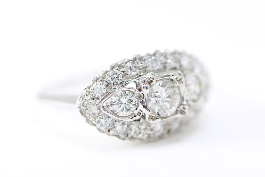 ANTIQUE 14k WHITE GOLD ART DECO COCKTAIL THREE STONES DIAMOND RING EUROPEAN CUT