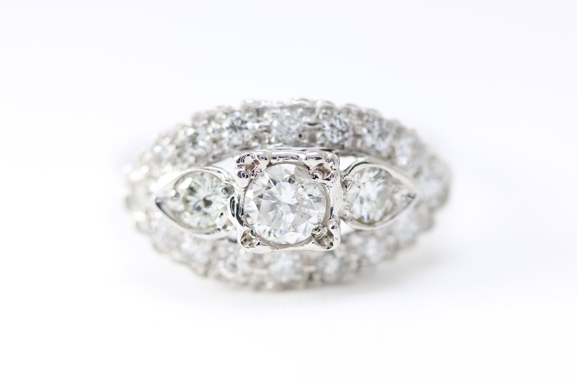 ANTIQUE 14k WHITE GOLD ART DECO COCKTAIL THREE STONES DIAMOND RING EUROPEAN CUT