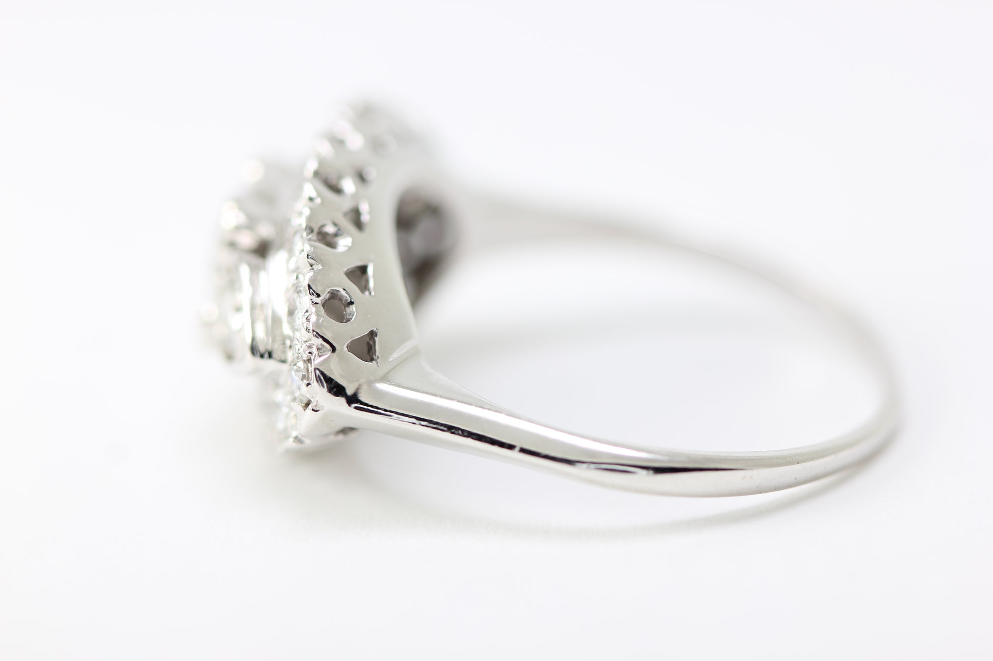 ANTIQUE 14k WHITE GOLD ART DECO COCKTAIL THREE STONES DIAMOND RING EUROPEAN CUT