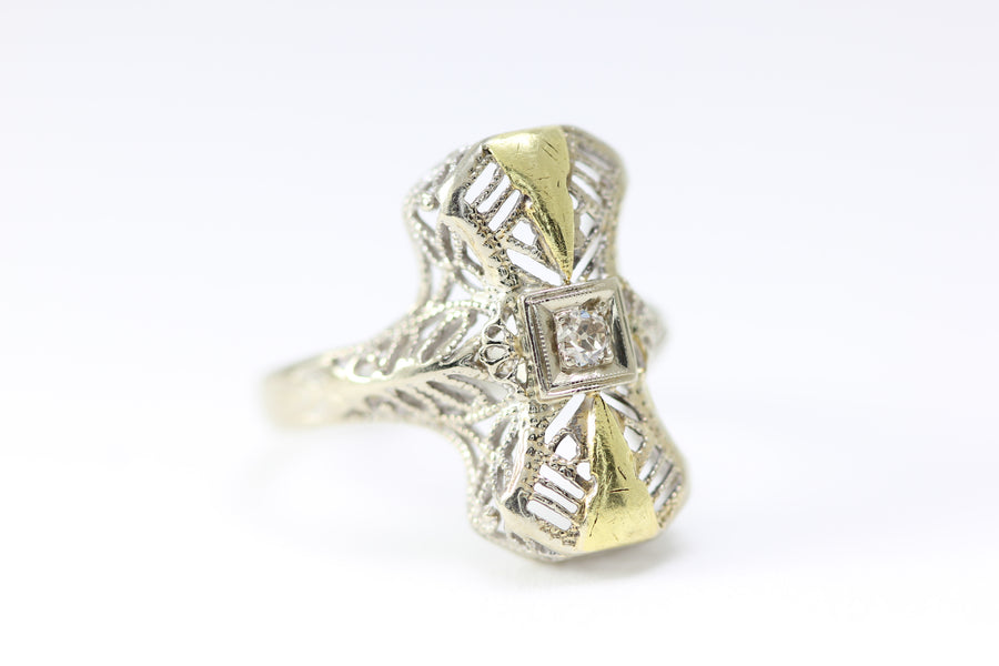 14K WHITE & YELLOW GOLD ANTIQUE TWO TONE DIAMOND ART DECO FILIGREE RING 1910's