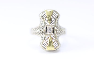 14K WHITE & YELLOW GOLD ANTIQUE TWO TONE DIAMOND ART DECO FILIGREE RING 1910's