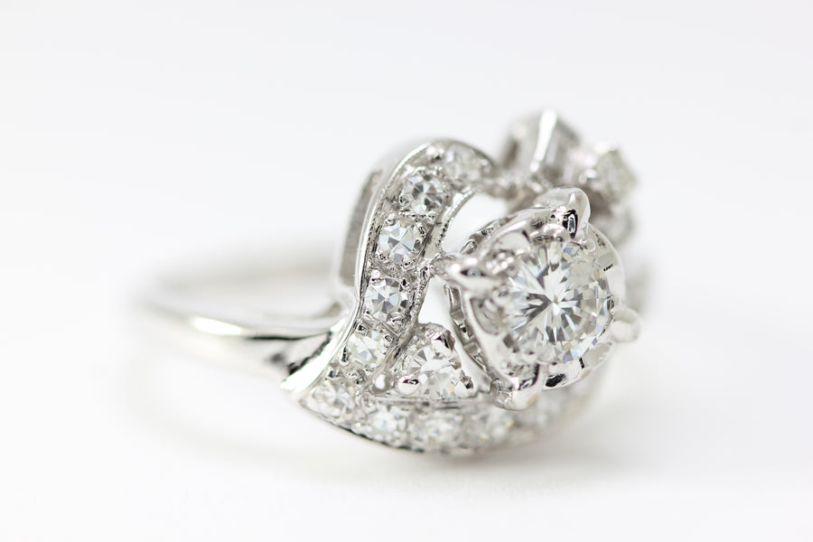 ANTIQUE 14k WHITE GOLD ART DECO COCKTAIL DIAMOND RING EUROPEAN CUT