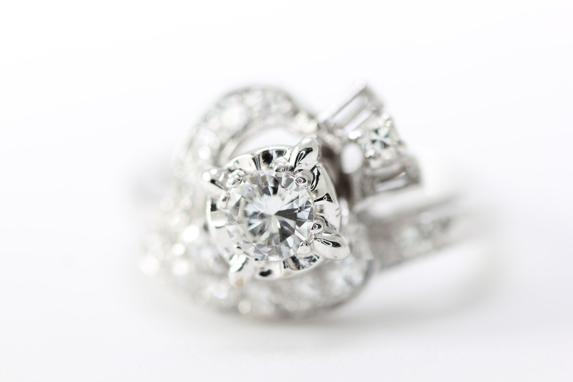 ANTIQUE 14k WHITE GOLD ART DECO COCKTAIL DIAMOND RING EUROPEAN CUT