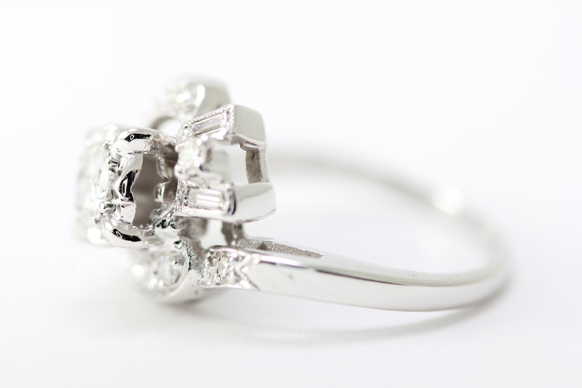 ANTIQUE 14k WHITE GOLD ART DECO COCKTAIL DIAMOND RING EUROPEAN CUT